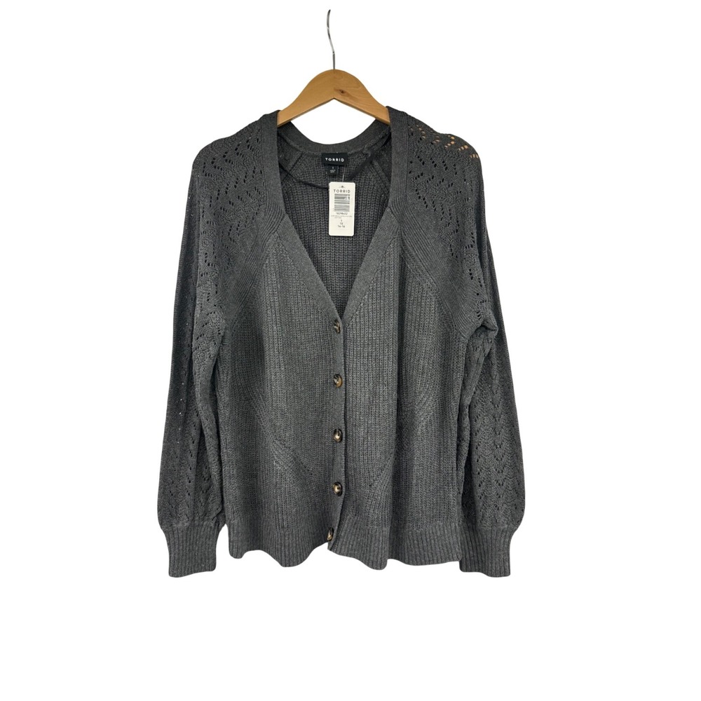 Torrid Charcoal Grey Pointelle Sleeve Cardigan Button Front Knit Sweater 1 1X